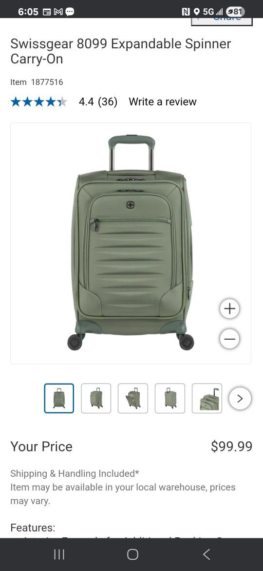 New Swissgear 8099 Expandable Spinner Carry-On available in green and black. Sells for $99 plus tax at Costco