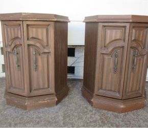 Vintage Wood Octagonal End Tables / Cabinets – Matching Pair