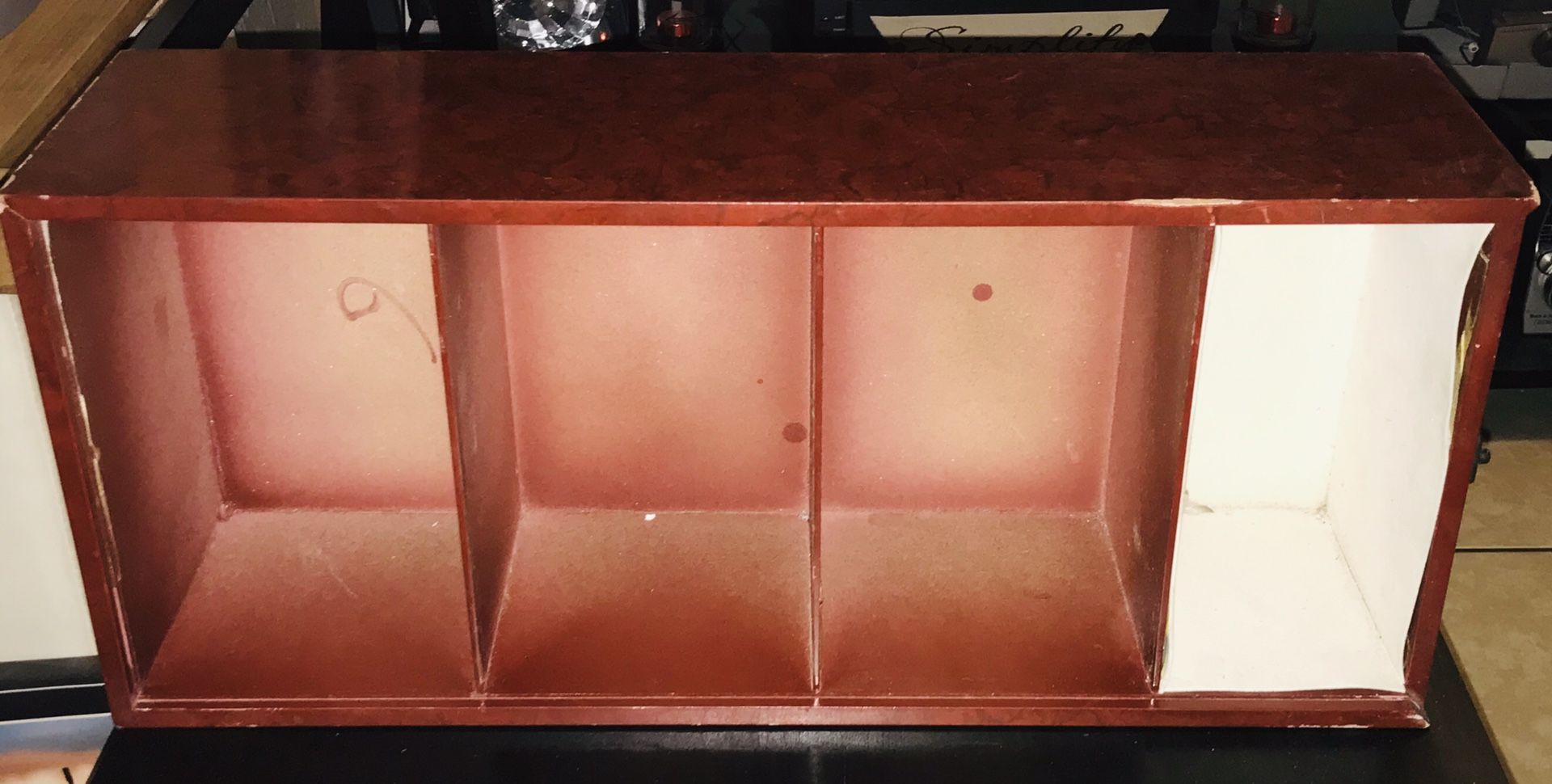 26x12x26 This is a small cherry wood shelf with 4 shelves it’s got normal wear but perfect for small area organization. Located off lake mead and jon