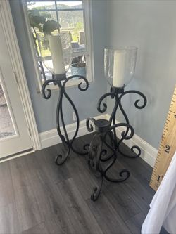 Wrought Iron Candelabra Candle Floor Standing Holder w/ Glass Shade 51” HEAVY