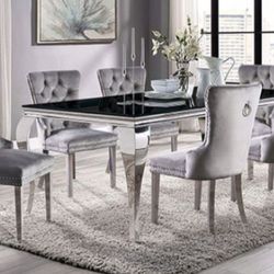 Brand New Black, Chrome & Fabric 7pc Formal Dining Table Set 