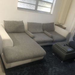 White L Shaped Couch  W Gray Cushions 