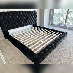 Black velvet platform Queen bed frame 
