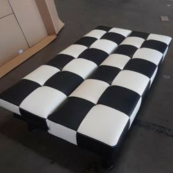 Brand New Black & White Checkered Leather Tufted Futon