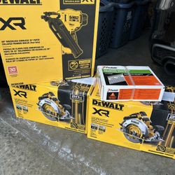 Brand New Dewalt Cordless Framing, Gun And Two Cordless Skil Saw With Nails For Framing Gun