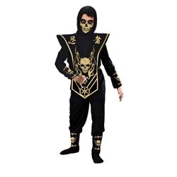 Fun World Inc. Skull Ninja Halloween Fantasy Costume Male, Child, Gold Size L(10-12)