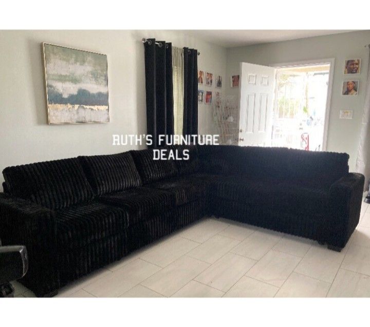 New XL Sectional Sofa Black Fur Like Corduroy Fabric