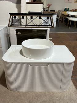 30" Floating Bathroom Vanity with Sink, Solid Wood Fluted Cabinet, White Round Ceramic Basin & Faux Marble Top, Soft-Close Drawer(White)  💰299$   