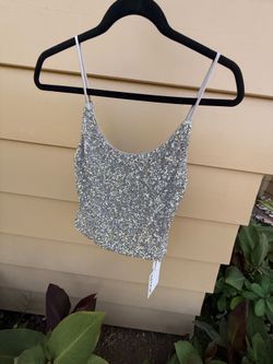 Brand New WANGXO Sparkling Silver Sequin Cami Tank Top - Size L (NWT)