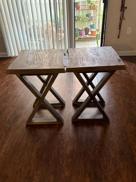 Pair Of End Tables - Gray/beige Wood Finish Top W/ Metal Stand PRICE DROP- MUST GO!!!