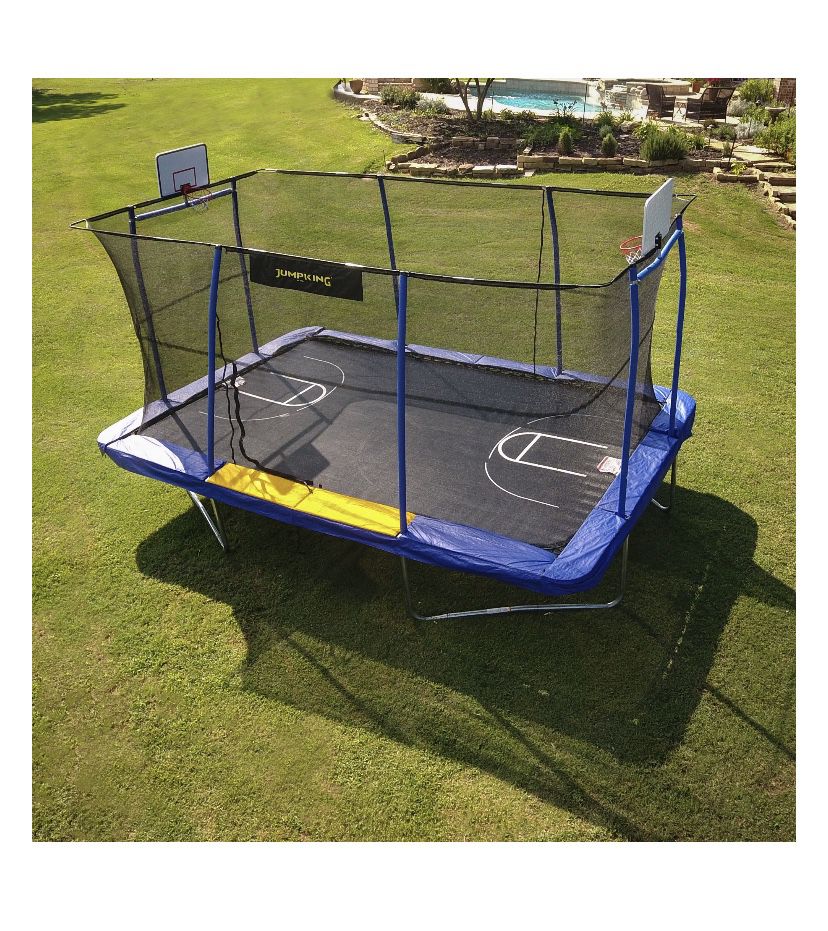 Brand new jumpking 10x15 rectangular trampoline! With court print 2 basketball hoops and foot step!!!