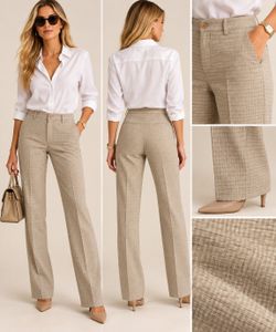 Harris Wallace Women's Size 2 Beige Tan Micro Check Plaid Straight Leg Pants NWT