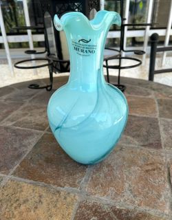 Vintage Vetro Eseguito Murano Style Turquoise Glass Ruffled Vase