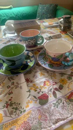 Set Of 3 Chaleur Tea Cups/Saucers, Whimsical Cat, Tulip, Flower Designs—Teacups, Coffee