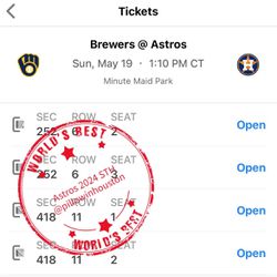 Astros vs Brewers 3rd Game Sunday 5/19 1:10pm Section 418 Row 11 Seat 1-2 Price Per Ticket 