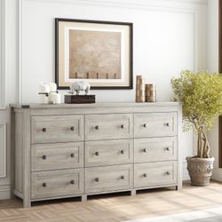 Grey Dresser for Bedroom with 9 Drawers, Wood Dressers Chest of Drawers with Metal Handles, Modern Bedroom Dresser with Drawers for Closet Hallway, Li