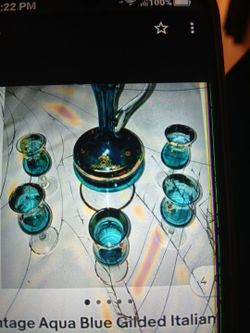 Vintage aquarium blue gilded Italian art glass w/jewels decanter & glasses set 6 pcs