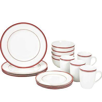 New 16-Piece Cafe Stripe Kitchen Dinnerware Set, Plates, Bowls and Mugs