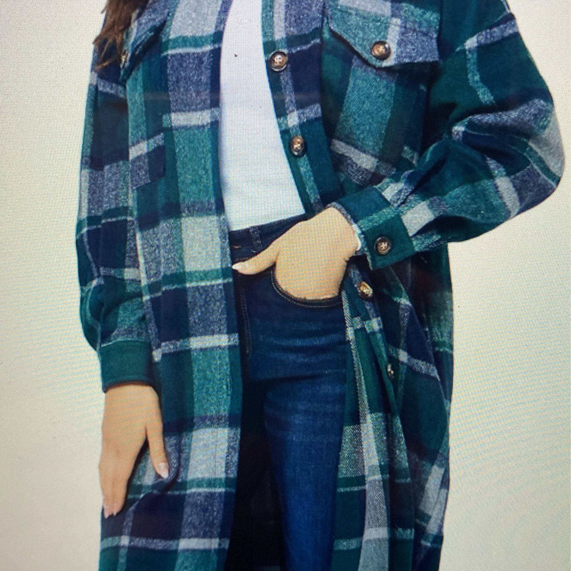 Women’s Long Plaid Shacket Button Down Long Sleeve Coat With Pockets Size 2 Xl