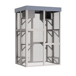 70.5＂ Tall Wooden Catio Outdoor Cat Enclosure, Gray Cat House Large Solid Wood Cage Playpen with 6 Jumping Platforms & 2 Napping Houses, Movable tarp 