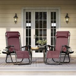 Zero Gravity Recliners Outdoor Adjustable Folding Reclining Lounge Chairs w/Pillows, Cup Holder Trays and Carry Strap for Patio Backyard Beach Burgund