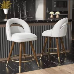 Set of 4 White Velvet Swivel Bar Stools with Gold-Tipped Legs – 24” Counter Height 