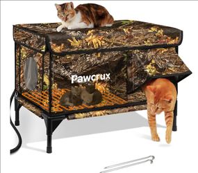 Weatherproof Heated Cat House for Outdoor in Winter, Heated Cat Bed Kitty Shelter with Cat Heating Pad, Insulated & Safe Escape Door, Warm House for O