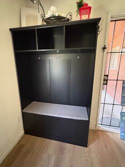 Black Hall Tree Entryway Bench with Pull-Down Shoe Storage & Upper Cubbies