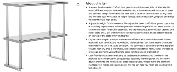 HOCCOT Commercial Stainless Steel Double Overshelf (For Prep Table / Counter)