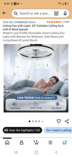 Ceiling Fan with Light, 20" Foldable with 6 Wind Speeds and Remote Control, (crystal)