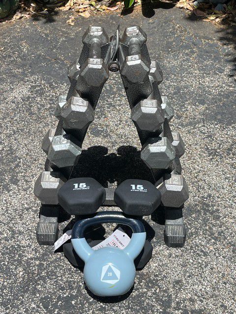 SET OF DUMBBELLS WITH PYRAMID RACK & 20 LB. KETTLEBELL (PAIRS OF) :  5s   8s. 10s. 12s. 15s