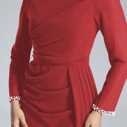 Brand New Red Elegant Long Gown – High Neck, Pleated & Pearl Cuffs