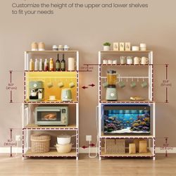 Coffee Bar with LED Lights, Kitchen Bakers Rack with Power Outlet, Microwave Stand with Adjustable Shelves, 8 Hooks, 15.7 x 31.5 x 65.7 Inches, Golden