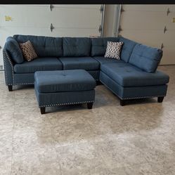 Blue Sectional With Ottoman 