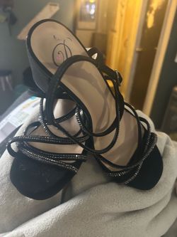 Black Strappy Rhinestone Heeled Sandals