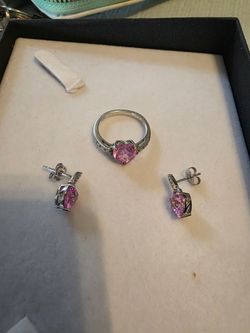 Silver and pink earrings and ring set