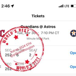 Astros vs Guardians 1st Game 4/30 Tuesday 7:10pm Section 252 Row 6 Seat 2-3 Price Per Ticket