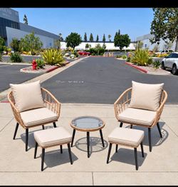 New 5 pcs Outdoor Patio Wicker Chair Ottoman Table Conversation Set