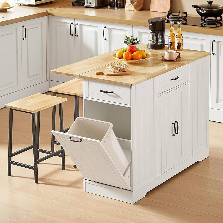 Stationary Kitchen Islands Include 2 Chairs, 47" Kitchen Island with Drop Leaf, Home Bar Table with Spice Rack & with Trash Cabinet, Island Table for