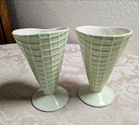 Pastel Green Ceramic Waffle Cone Sundae Cups Desert Bowls