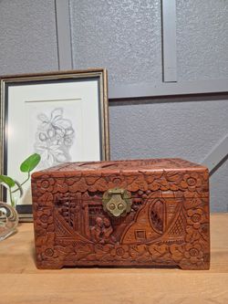 Vintage Asian Carved Camphor Wood Box Brass Latch Hong Kong Storage Chest