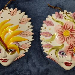 Ceramic Mask Wall Hangings - Set of 2 - Bird of Paradise and Flowers