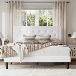 BIG SALE Queen Size Hegg Linen Tufted Upholstered Platform Bed with Wood Slats Headboard Included