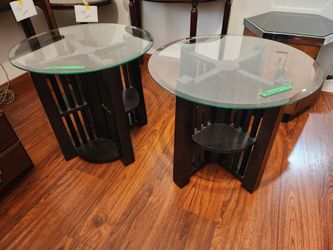Pair of Wood End tables with built in shelves and round beveled glass tops