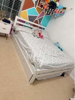 Full size bed frame , mattress and underneath storage for $150