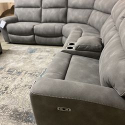 POWER RECLINING SECTIONAL Grey 120x105 USB ports storage console adjustable headrests $2,799 (was $4,299)
