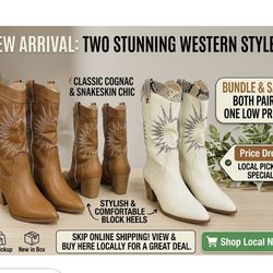 BUNDLE: 2 Pairs New Western Boots (Cognac & Cream Snakeskin