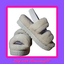 UGG NATURAL OH FLUFFITA SHEEPSKIN FLUFF PLATFORM SANDALS