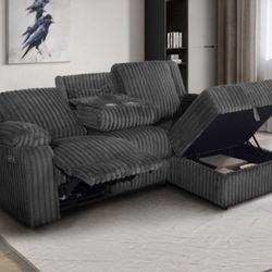 GRAY OR BLACK CORDUROY SECTIONAL RECLINER WITH STORAGE CHAISE 