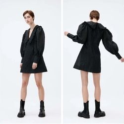 GANNI Jacquard Organza Black Mini Babydoll Dress SZ 34(2) Fairy Grunge Ethereal  The GANNI Jacquard Organza Black Mini Babydoll Dress in size 2 is a s